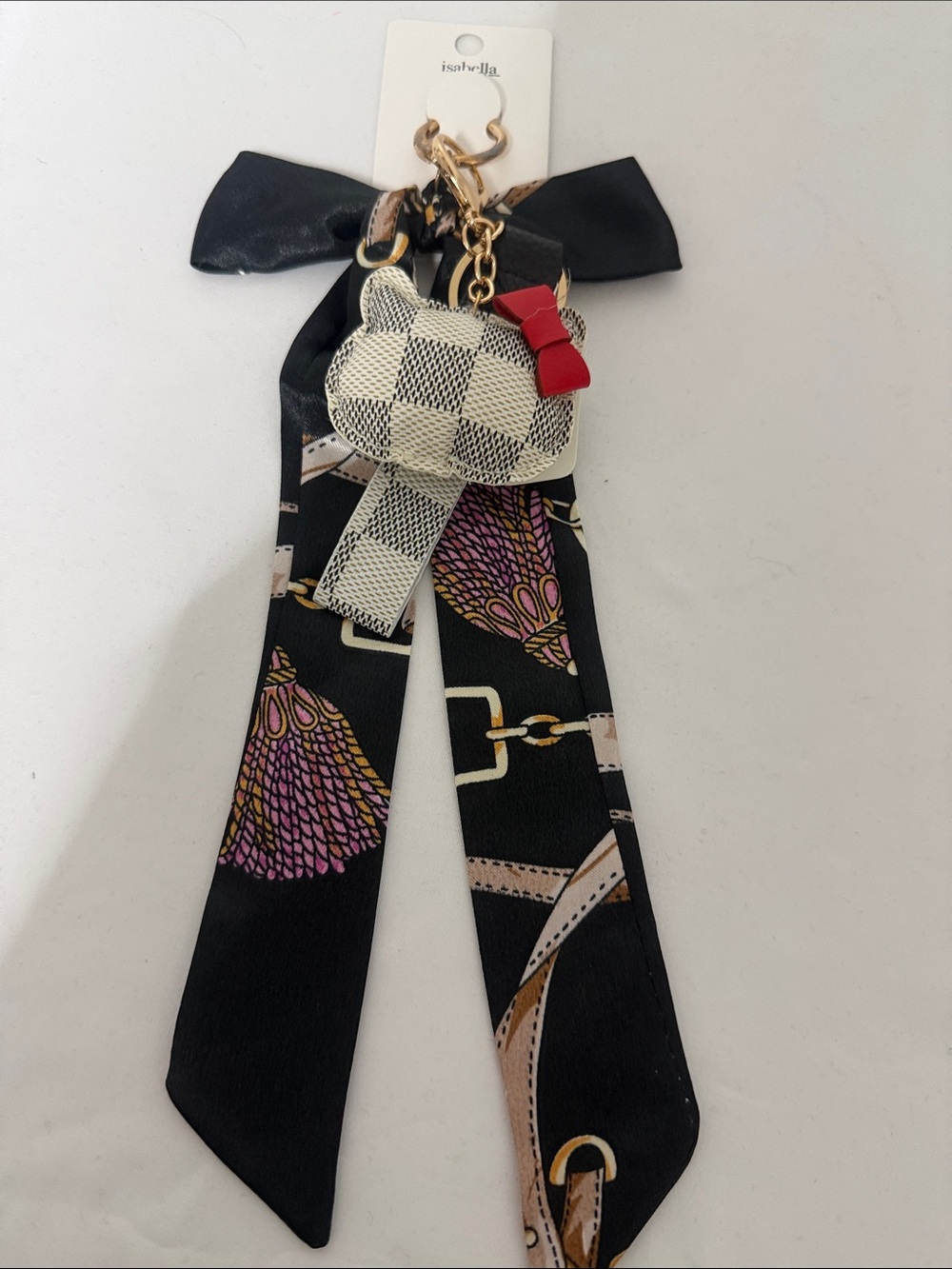 Fashion Jewelry Black Bow Keychain with Checkered Cat Charm and Red Bow Accent
